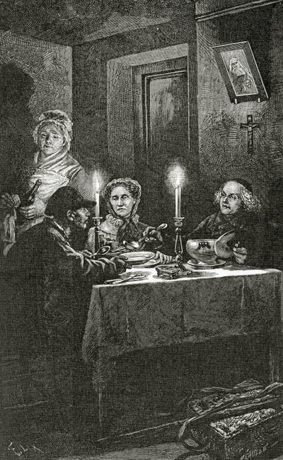 Jean Valjean wordt ontvangen en verzorgd door bisschop Myriel, 19e eeuw door Frederic Theodore Lix
