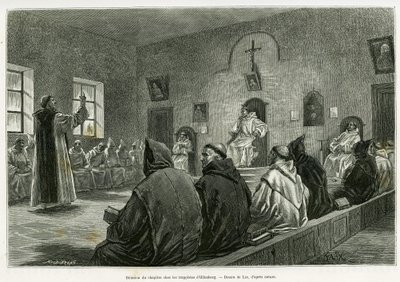 Vergadering van het kapittel onder de Trappisten van Oelenberg. Gravure door Lix ter illustratie van het verhaal Door de Elzas en Lotharingen, door Charles Grad, Duitse afgevaardigde, in 1885, in de tour du monde 1887, onder leiding van Edouard Charton (18 door Frederic Theodore Lix