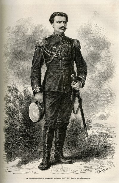 Portret van de reiziger en verteller luitenant-kolonel van Prjewalski, tekening door F. Lix ter illustratie van de reis naar Mongolië en het land van de Tanguten van 1870 tot 1873, door luitenant-kolonel van Prjewalski. Gravure in 