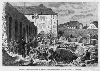 Gevangenen van het centrale huis werken aan de fundamenten van de Ensisheim-celgevangenis. Gravure door Lix ter illustratie van het verhaal A travers l