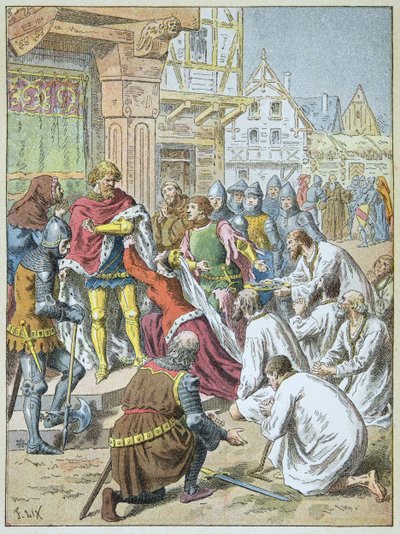 Belegering van Calais door Edward III in 1346 - 1347. Koningin Philippa van Henegouwen smeekte haar bruidegom om de bourgeois van Calais gratie te verlenen. door Frederic Theodore Lix