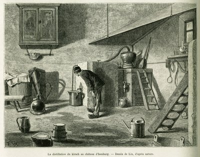 De distillatie van de kirsch in het kasteel van Isenburg. Gravure door Lix, ter illustratie van het verhaal 