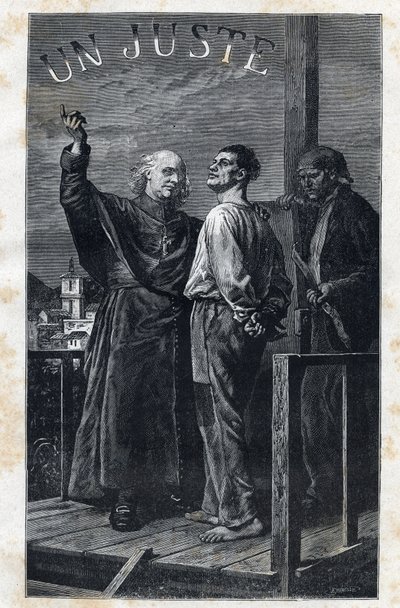 De bisschop Myriel begeleidt een terdoodveroordeelde die op de schavot klimt - Illustratie door Frederic Theodore Lix (1830-1897) voor 