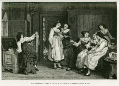 Het oude Elzasser kostuum. Gravure door Lix, naar een schilderij 