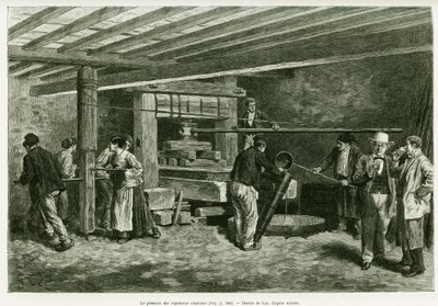 De wijnpers van de Elzasser wijnmakers. Gravure door Lix, ter illustratie van het verhaal 