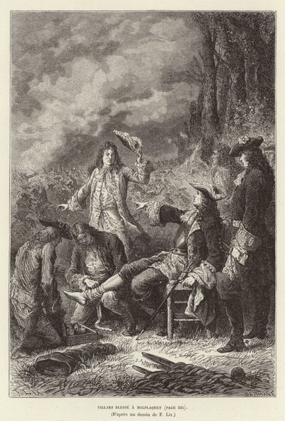 Villars gewond bij Malplaquet. Claude Louis Hector de Villars, Maarschalk van Frankrijk, gewond bij de Slag om Malplaquet, Spaanse Successieoorlog door Frederic Theodore Lix