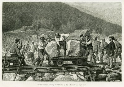 Arbeiders werken aan de Alfeld-dam. Gravure door Lix ter illustratie van het verhaal A travers l