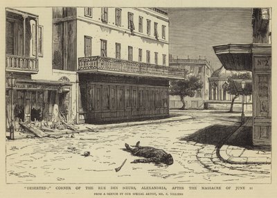 Verlaten, hoek van de Rue des Soeurs, Alexandrië, na het bloedbad van 11 juni door Frederic Villiers