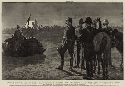 Wachten tot de maan opkomt, een pauze tijdens de woestijnmars van Sir Herbert Stewart van Korti naar de Gakdul Wells door Frederic Villiers