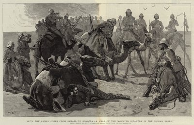 Met het Kameelkorps van Sarass naar Dongola, een rustpauze van de gemonteerde infanterie in de Nubische woestijn door Frederic Villiers