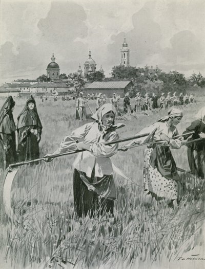 Een klooster in Novgorod: nonnen maken hooi door Frederic de Haenen