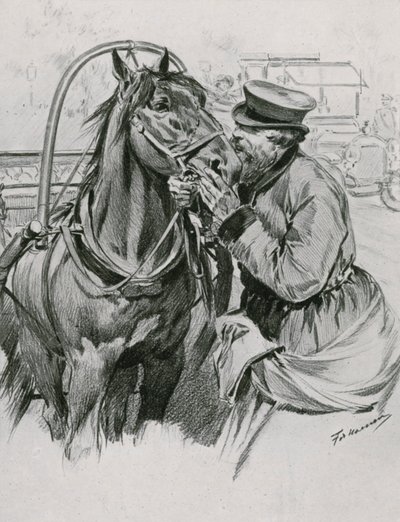 Een Droshky-bestuurder die zijn paard goedemorgen kust door Frederic de Haenen