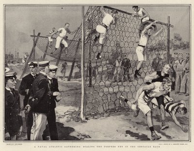 Een maritieme atletiekbijeenkomst, het beklimmen van het torpedonet in de hindernisrace door Frederic de Haenen