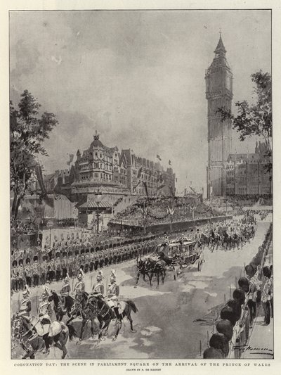 Kroningsdag, het tafereel op Parliament Square bij de aankomst van de Prins van Wales door Frederic de Haenen