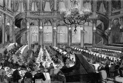 Dinerconcert in de feestzaal van het Grand Hotel de Paris. Gravure door De Haenen in 