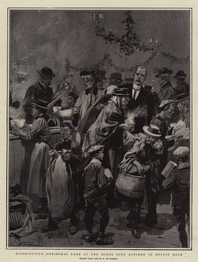 Het uitdelen van kerstmaaltijden in de Model Soup Kitchen in Euston Road door Frederic de Haenen