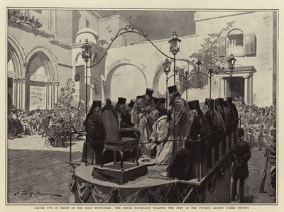 Paaszaterdag voor het Heilig Graf, de Griekse Patriarch wast de voeten van de twaalf oudste Griekse priesters door Frederic de Haenen