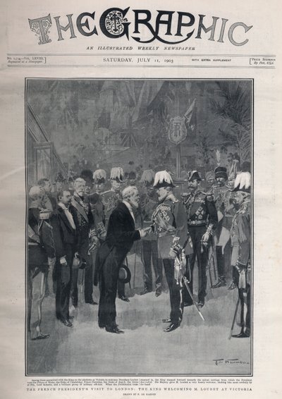 Entente cordiale: het bezoek van de Franse president Emile Loubet aan Londen. Koning Edward VII verwelkomt M. Loubet op Victoria Station. door Frederic de Haenen