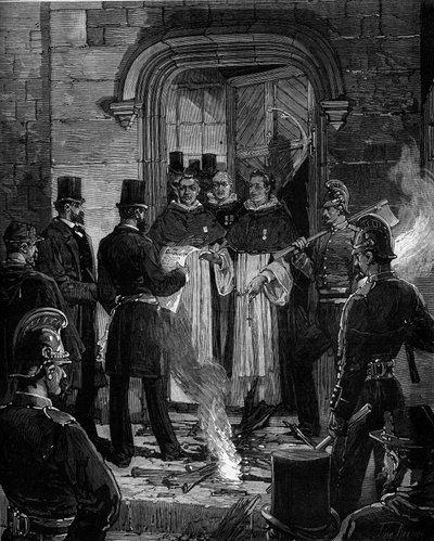 Uitdrijving van Dominicanen uit Rue de Jean de Beauvais in Parijs na de decreten van maart 1880 genomen door Jules Ferry en het verwijderen van het recht om leden van niet-erkende religieuze congregaties les te geven: het voorlezen van de kennisgeving van  door Frederic de Haenen