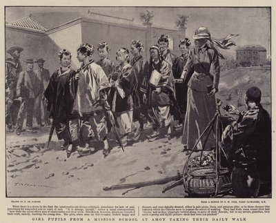 Meisjesleerlingen van een missieschool in Amoy tijdens hun dagelijkse wandeling door Frederic de Haenen