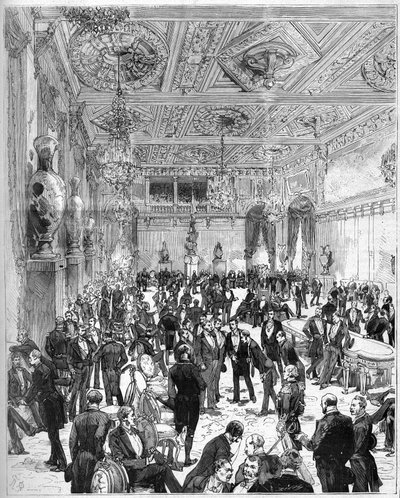 Inhuldiging van het stadhuis van Parijs op 14 juli 1882, herbouwd na de brand van 1871: uitzicht op de gemeenteraadskamer bij de aankomst van president Jules Grevy (1807-1891). Gravure door De Haenen en Dosso in 
