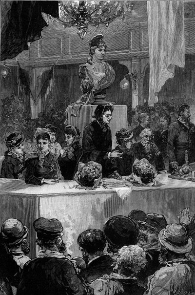 Lezing door Louise Michel (1830-1905), Graffard zaal in Parijs, 30 november 1880. Gravure door de Haenen in 