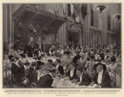 Het banket van de Lord Mayor in de Guildhall, Mr. Balfour reageert op de toast, Zijne Majesteits Ministers door Frederic de Haenen