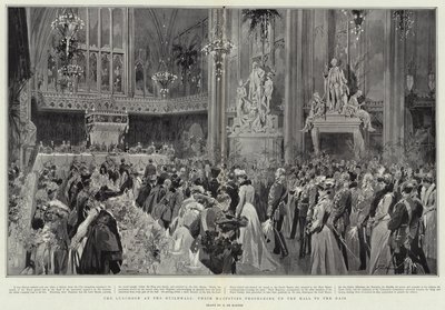 De Lunch in de Guildhall, Hun Majesteiten lopen de Hal op naar het Dais door Frederic de Haenen