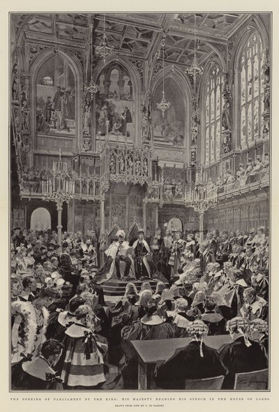 De opening van het parlement door de koning, Zijne Majesteit leest zijn toespraak in het House of Lords door Frederic de Haenen