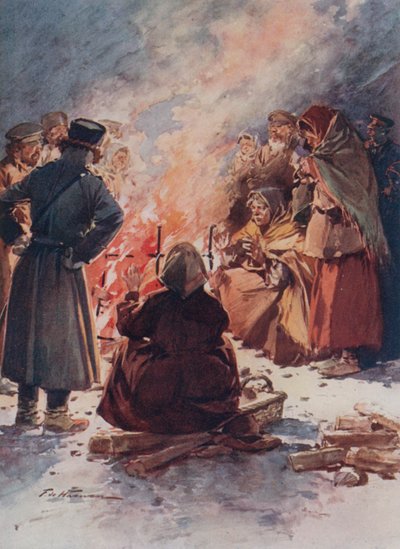De armen van Moskou warmen zich bij straatvuren in de winter door Frederic de Haenen