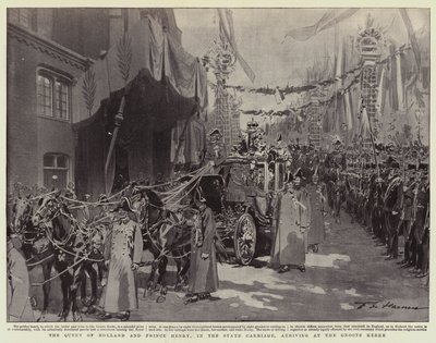 De koningin van Nederland en prins Hendrik, in de staatskoets, arriverend bij de Groote Kerk door Frederic de Haenen