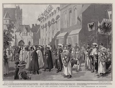 De herinwijding van de kerk van het gerestaureerde kasteel van Marienburg, de processie van ridders door Frederic de Haenen