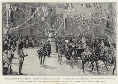 De Koninklijke Processie van Victoria Station naar Marlborough House, de Koets van de Koning die door St James