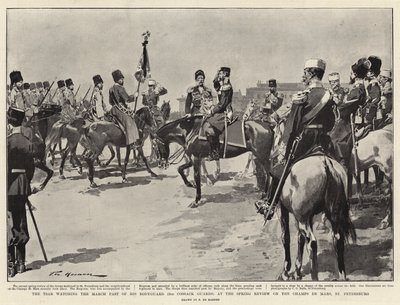 De tsaar kijkt naar de mars van zijn lijfwacht (2e Kozakkenwacht) tijdens de lentereview op de Champs de Mars, St. Petersburg door Frederic de Haenen