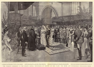De huwelijksceremonie in de Groote Kerke, uitgevoerd door dominee Van der Vlier, de bruid en bruidegom wisselen ringen uit door Frederic de Haenen