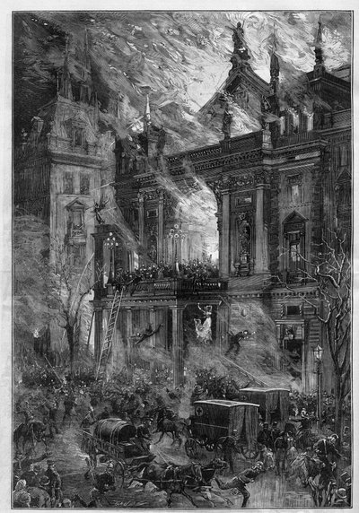 De brand van de Opera Wiener Ringtheater in Wenen (Oostenrijk) op 5 december 1881. Gravure door De Haenen in 