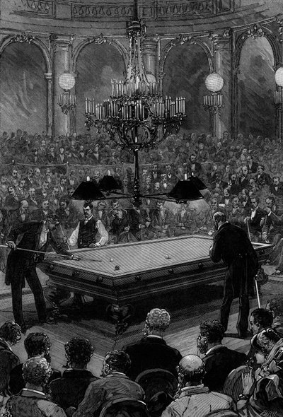 De grote internationale biljartwedstrijd tussen de Amerikaanse kampioen Mr. Slosson en de Franse kampioen Mr. Vignaux in de Zodiaque-zaal van het Grand Hotel de Paris door Frederic de Haenen