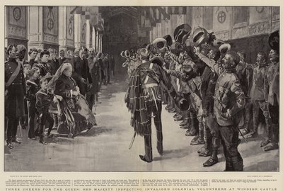 Driewerf Hoera voor de Koningin, Hare Majesteit inspecteert Invalide Koloniale Vrijwilligers in Windsor Castle door Frederic de Haenen
