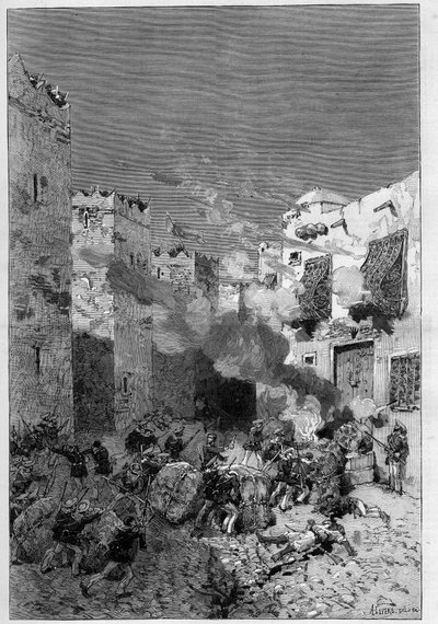 Tunesië, juli 1881: Franse troepen namen de stad Stax in na de opstand van de inwoners tegen het Franse protectoraat van Tunesië. Mariniers beschieten Arabische huizen aan de voet van de kasbah - Gravure door De Haenen in 