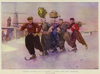 Volendamse Boeren gaan naar de Markt, een Winters Tafereel nabij Amsterdam door Frederic de Haenen