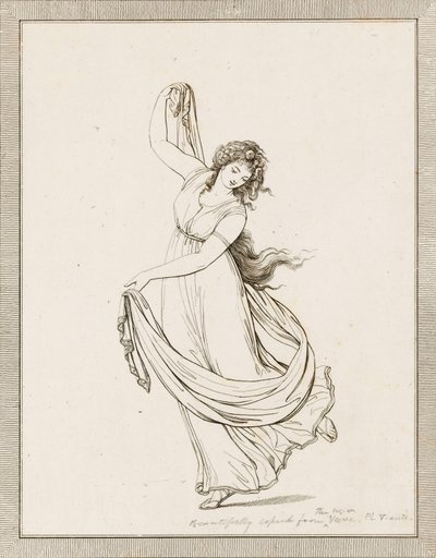 Emma, Lady Hamilton, in een klassieke pose, dansend en balancerend op haar rechtervoet door Frederich (after) Rehberg