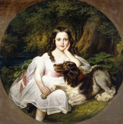Een Jong Meisje Rustend in een Landschap met haar Hond door Frederich August Kaulbach