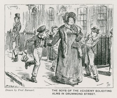 De jongens van de Wellington House Academy bedelen om aalmoezen in Drummond Street (gravure) door Frederick (after) Barnard