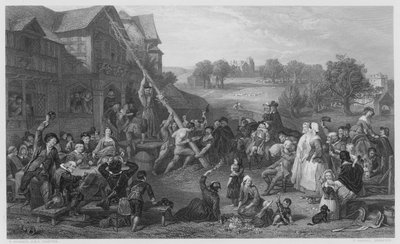 Het oprichten van de meiboom (gravure) door Frederick (after) Goodall