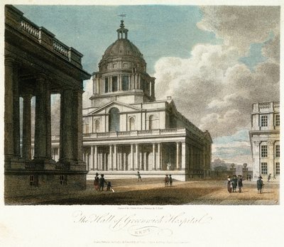 Uitzicht op Greenwich Hospital (Kent, Engeland), beschrijving van de koepel en de noordoostelijke hoek van het hof van koning Willem, met de noordgevel van de geschilderde hal erachter, en met een deel van de binnenplaats en kapel van koningin Mary door Frederick (after) Nash