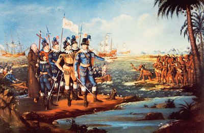 De landing van Christoffel Columbus in de Nieuwe Wereld door Frederick (attr. to) Kemmelmeyer