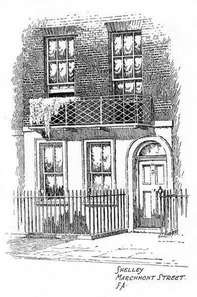 Het huis van Percy Bysshe Shelley, Marchmont Street, Bloomsbury, Londen door Frederick Adcock