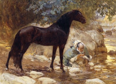 Een Arabier die zijn Paard bij een Rivier Water geeft, c.1890-1900 door Frederick Arthur Bridgman