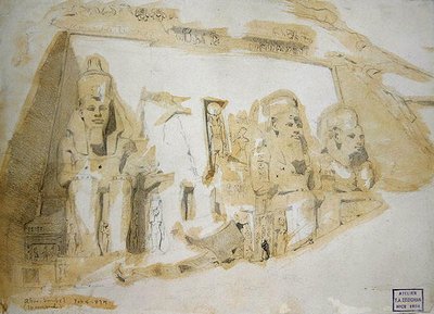 Vier kolossale Beelden van Ramses II (1279-1213 v.Chr.) bij de Grote Tempel van Abu Simbel door Frederick Arthur Bridgman