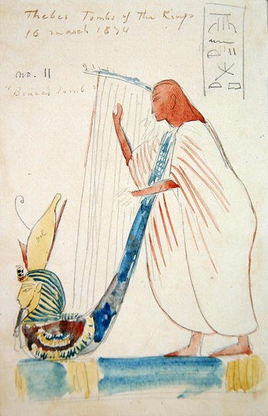 Muurschildering van een harpist in het graf van Ramses III in Thebe door Frederick Arthur Bridgman